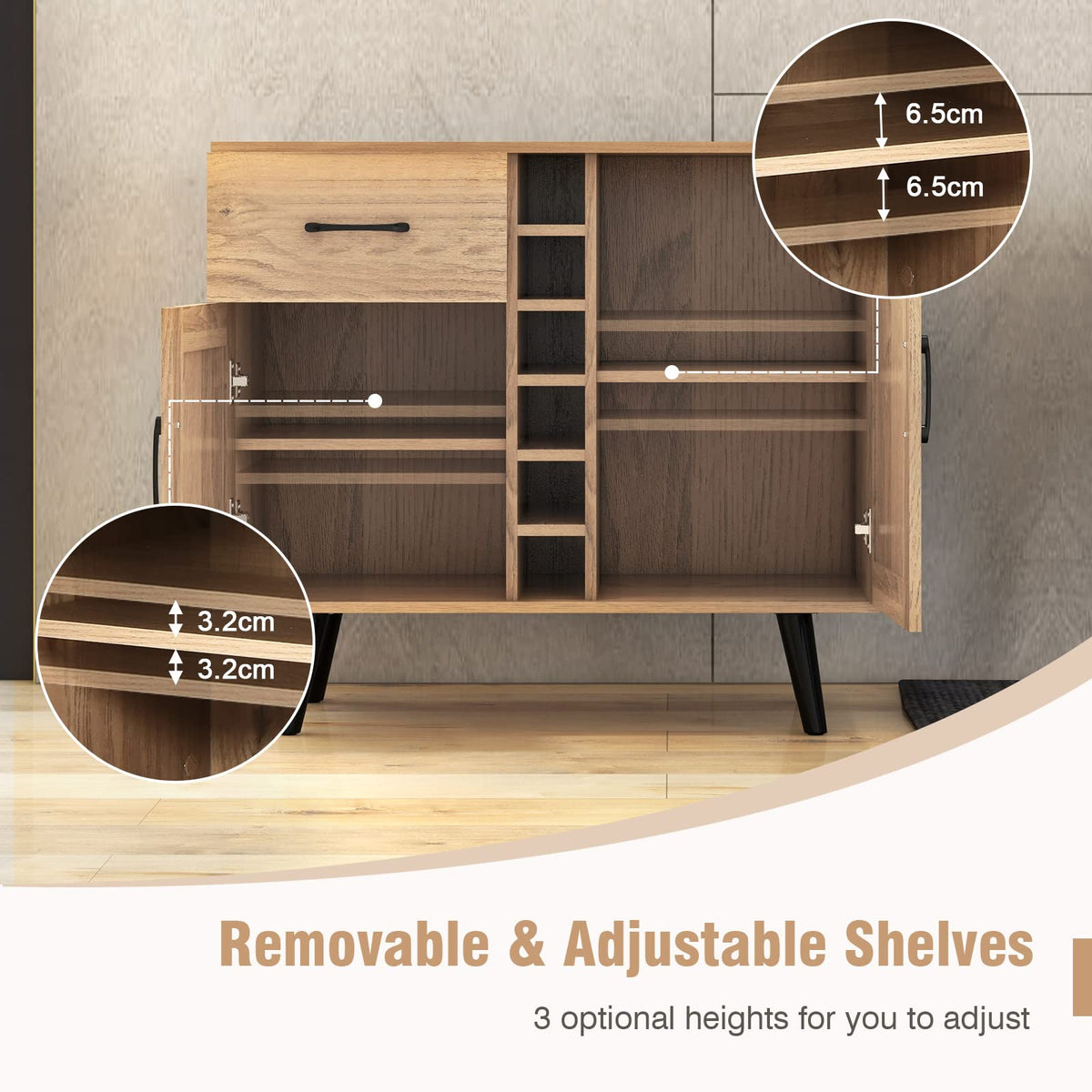 Giantex Mid-Century Modern Buffet Cabinet, Farmhouse Wine Bar Cabinet with 6-Bottle Wine Rack & Pull-Out Drawer & Adjustable Shelves