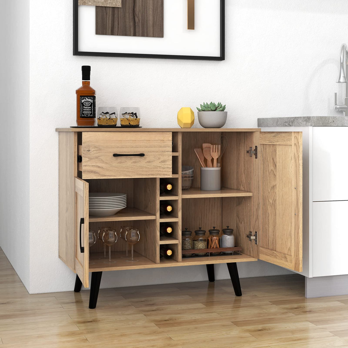 Giantex Mid-Century Modern Buffet Cabinet, Farmhouse Wine Bar Cabinet with 6-Bottle Wine Rack & Pull-Out Drawer & Adjustable Shelves