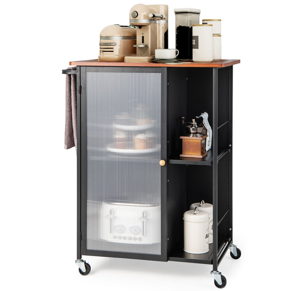 Giantex Mobile Serving Cart, Metal Kitchen Trolley w/Transparent Single Door Cabinet