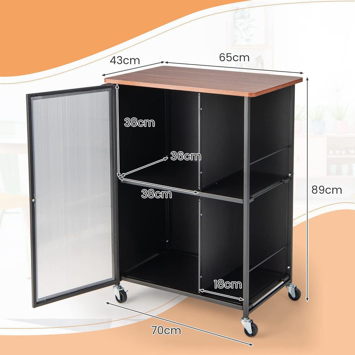 Giantex Mobile Serving Cart, Metal Kitchen Trolley w/Transparent Single Door Cabinet