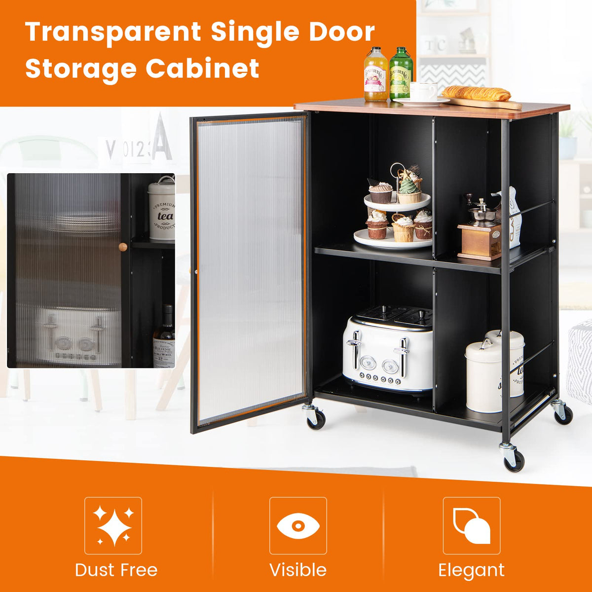 Giantex Mobile Serving Cart, Metal Kitchen Trolley w/Transparent Single Door Cabinet