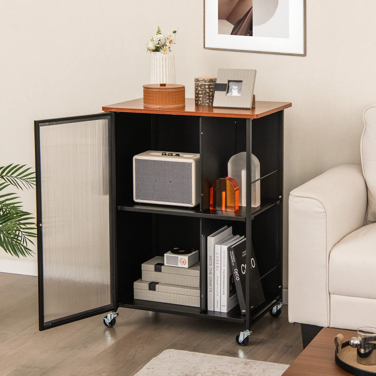 Giantex Mobile Serving Cart, Metal Kitchen Trolley w/Transparent Single Door Cabinet
