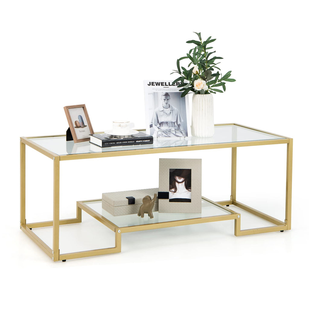 Giantex Modern 2-Tier Coffee Table, Rectangular Accent Table with Gold ...