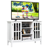 Giantex Modern TV Stand, Wood Media Console Table with 2 Tempered Glass Doors & 7 Storage Compartments