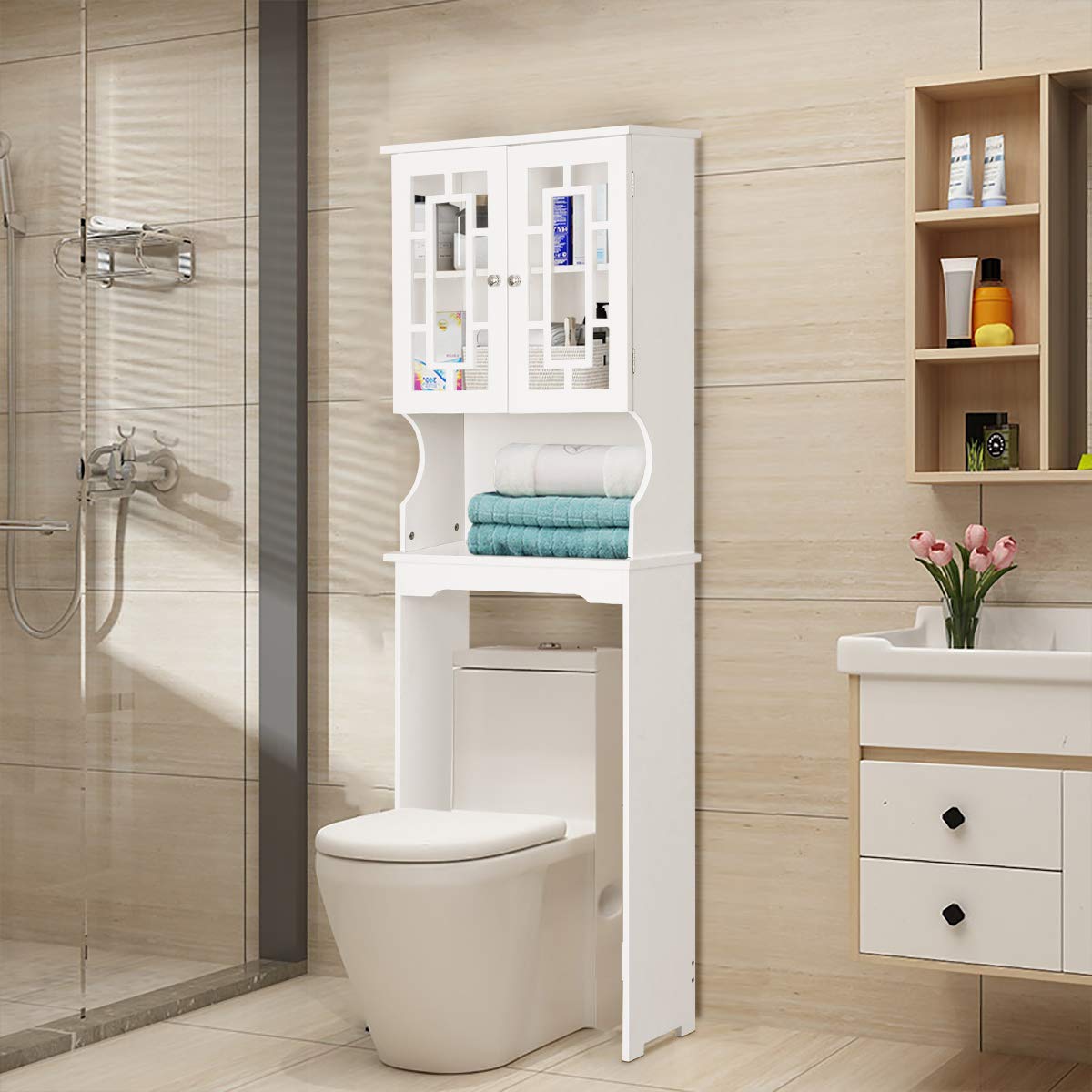 Bealife Over The Toilet Storage Cabinet with Open Shelf, Organizer with  Adjustable Shelf and Double Doors,Over The Toilet Storage Shelf Free  Standing