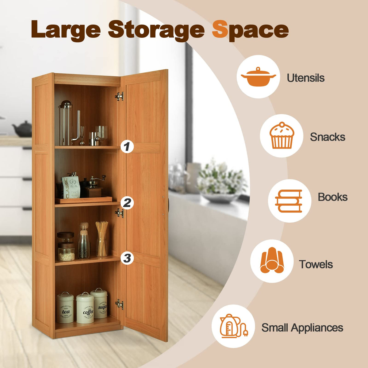 Giantex Tall Storage Cabinet, 153cm Farmhouse Freestanding Floor Cabinet with 4 Storage Shelves