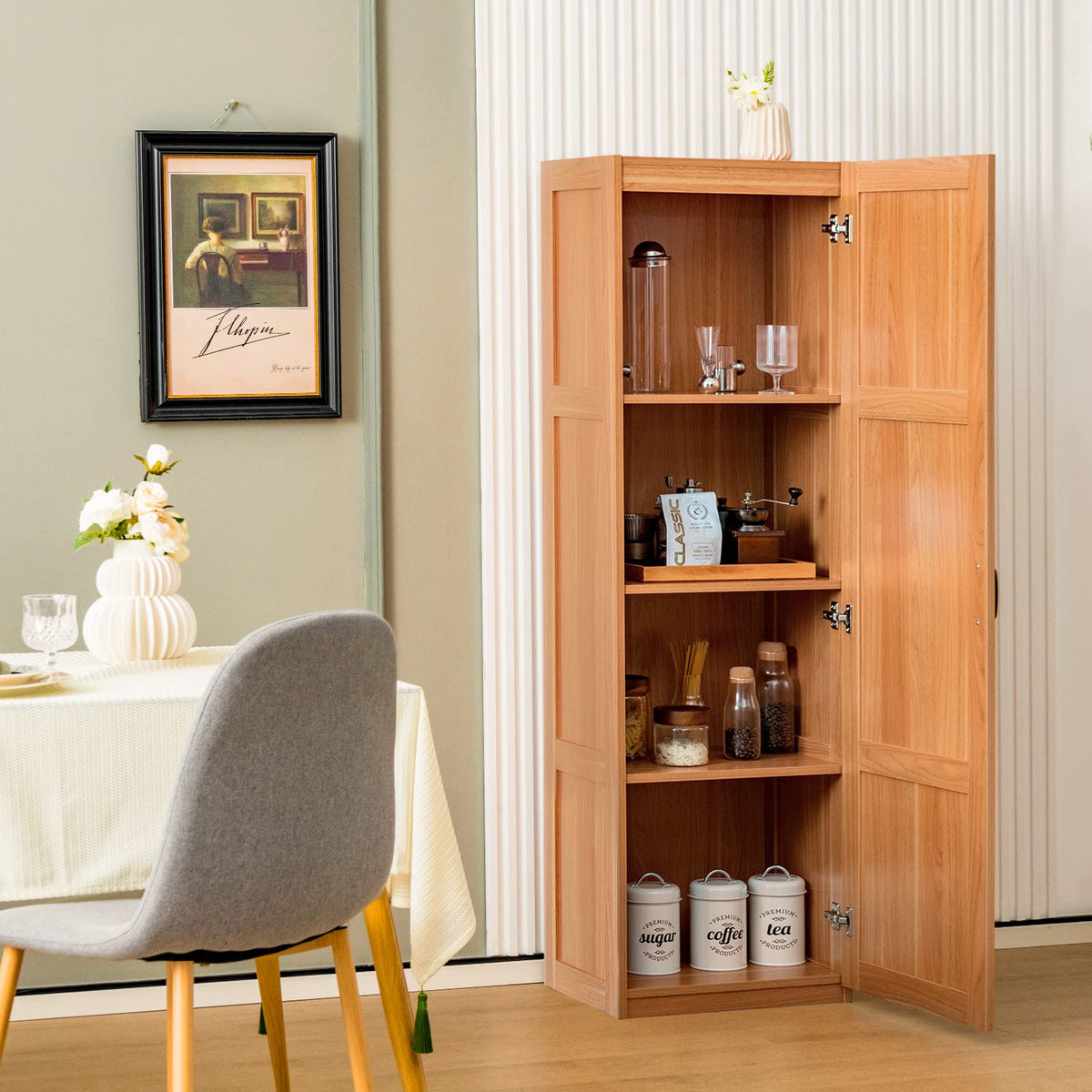 Giantex Tall Storage Cabinet, 153cm Farmhouse Freestanding Floor Cabinet with 4 Storage Shelves