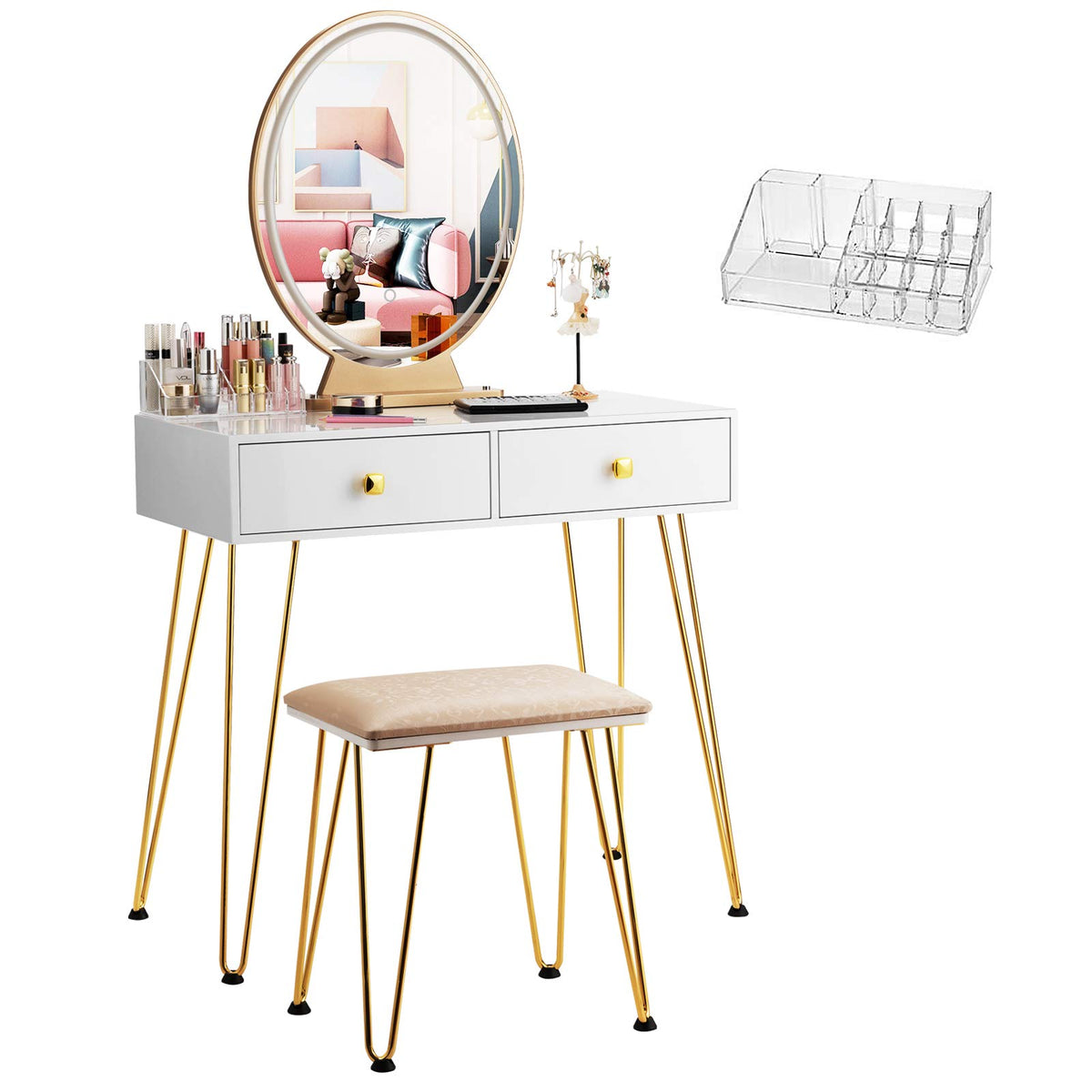 Makeup Vanity Table with Lighted Mirror, Vanity Desk Set with Shelves,  Dresser Desk and Cushioned Stool Set White