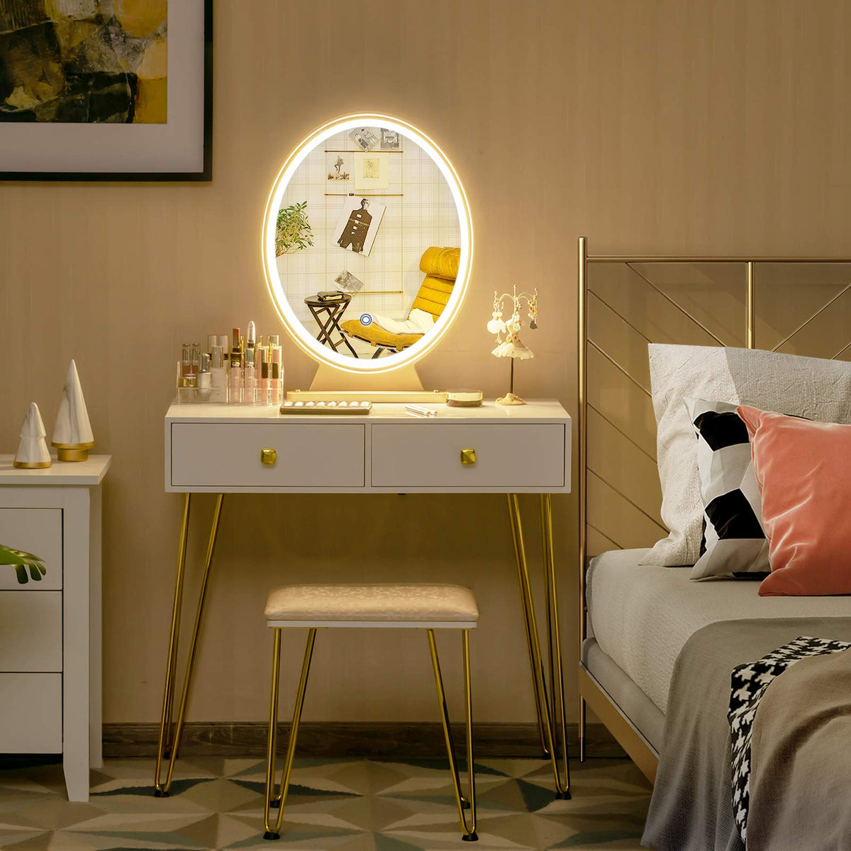 Makeup Vanity Table with Lighted Mirror, Vanity Desk Set with Shelves,  Dresser Desk and Cushioned Stool Set White