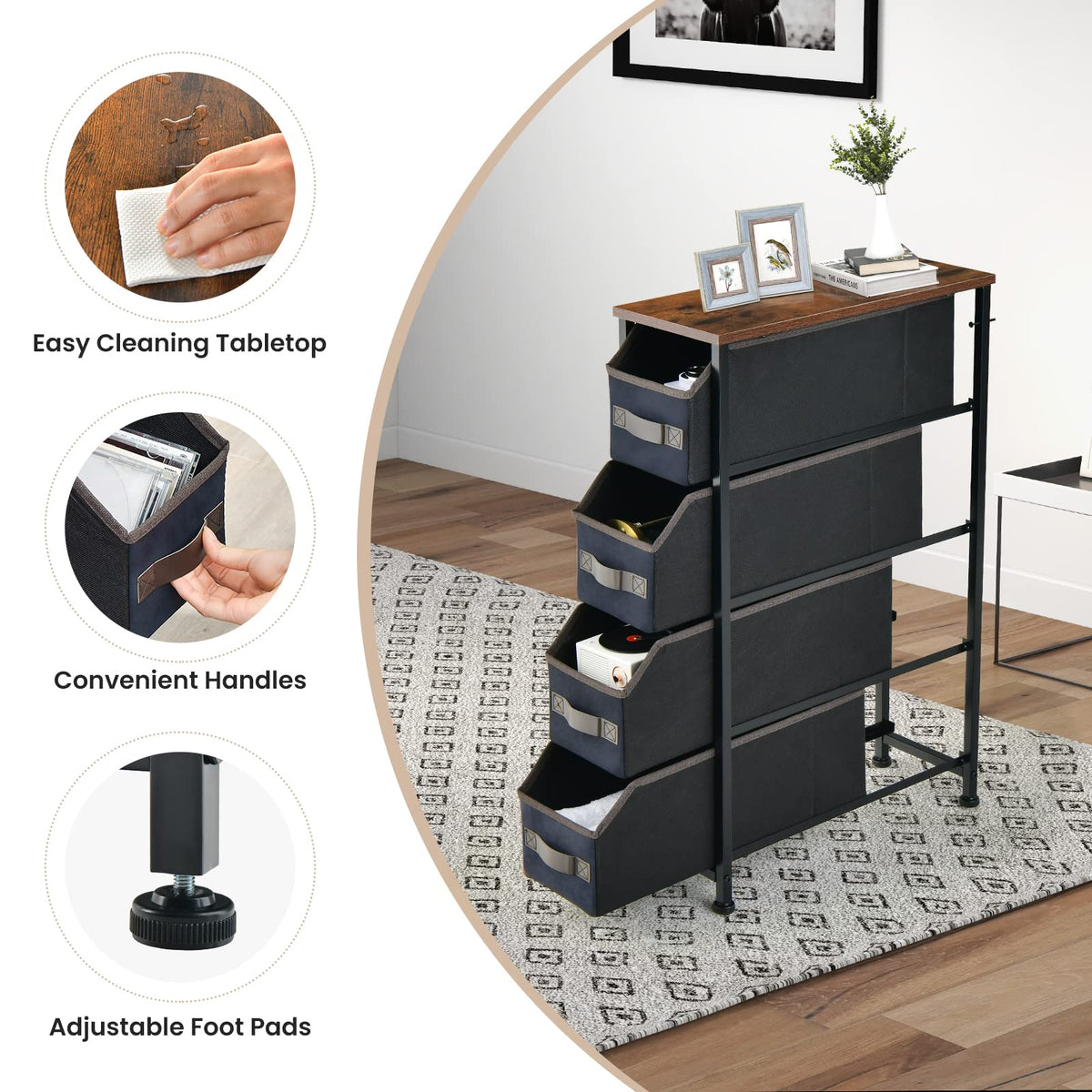 Giantex Vertical Narrow Dresser, Multifunctional Tall Storage Tower with 4 Removable Fabric Drawers