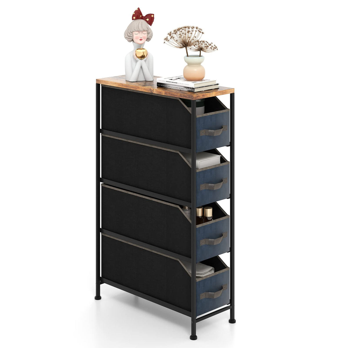 Giantex Vertical Narrow Dresser, Multifunctional Tall Storage Tower with 4 Removable Fabric Drawers