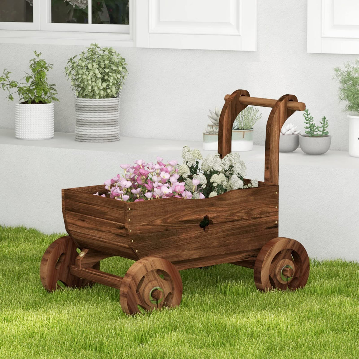 Giantex Wooden Wagon Planter Box with Wheels