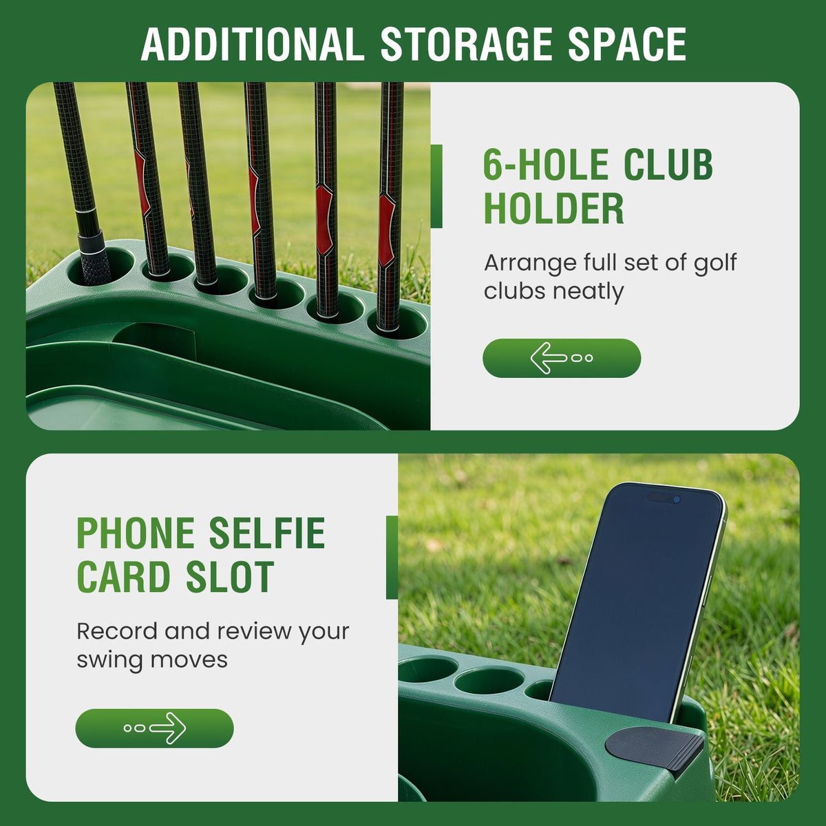 Golf Ball Dispenser with 50-Ball Capacity and 6-Club Holder with 2 Hitting Modes