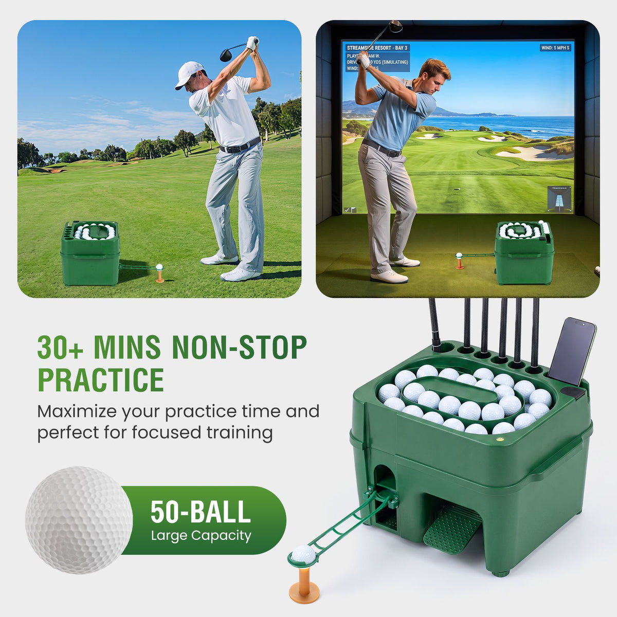 Golf Ball Dispenser with 50-Ball Capacity and 6-Club Holder with 2 Hitting Modes