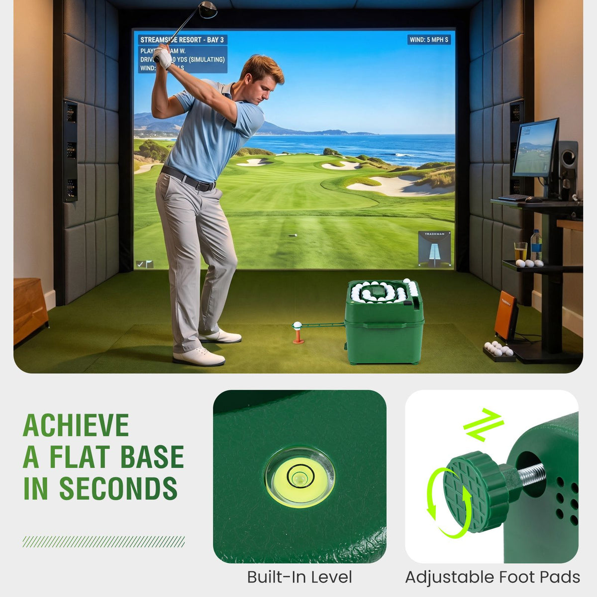 Golf Ball Dispenser with 50-Ball Capacity and 6-Club Holder with 2 Hitting Modes