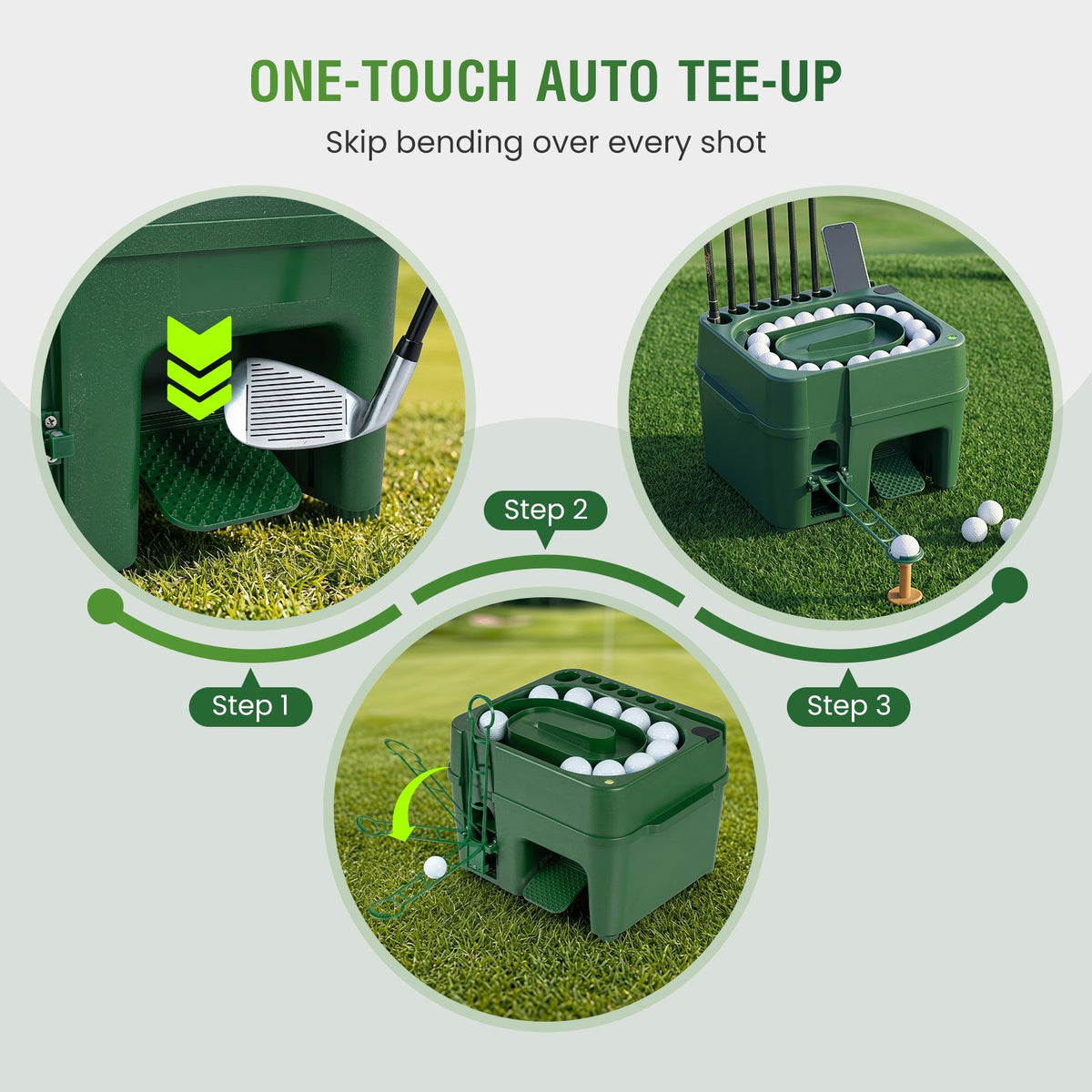 Golf Ball Dispenser with 50-Ball Capacity and 6-Club Holder with 2 Hitting Modes
