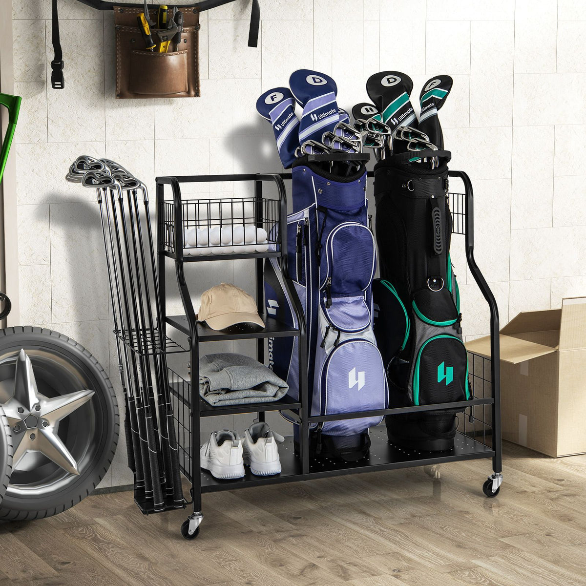Golf Bag Storage Garage Organizer with Extra Storage Rack for Golf Club