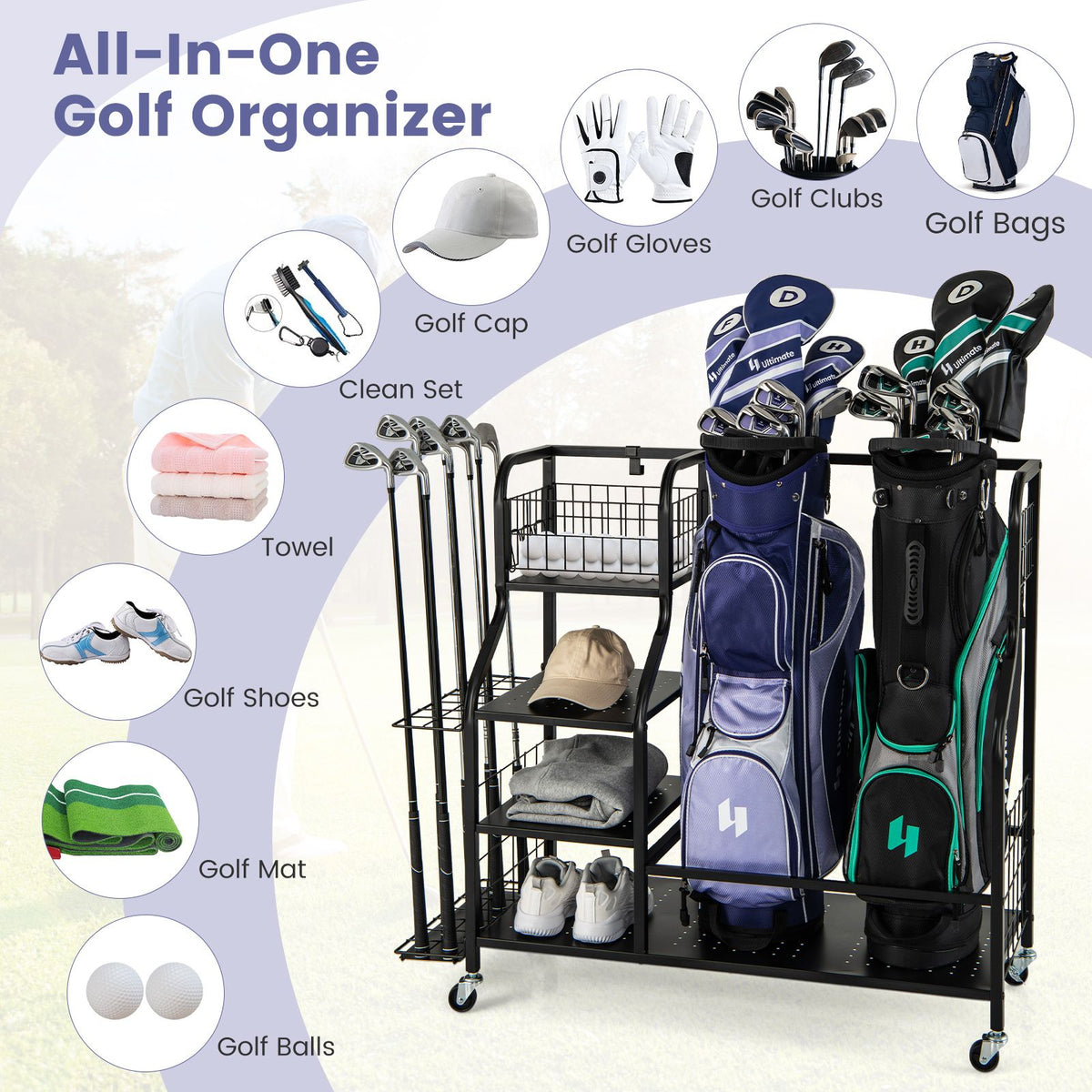 Golf Bag Storage Garage Organizer with Extra Storage Rack for Golf Club