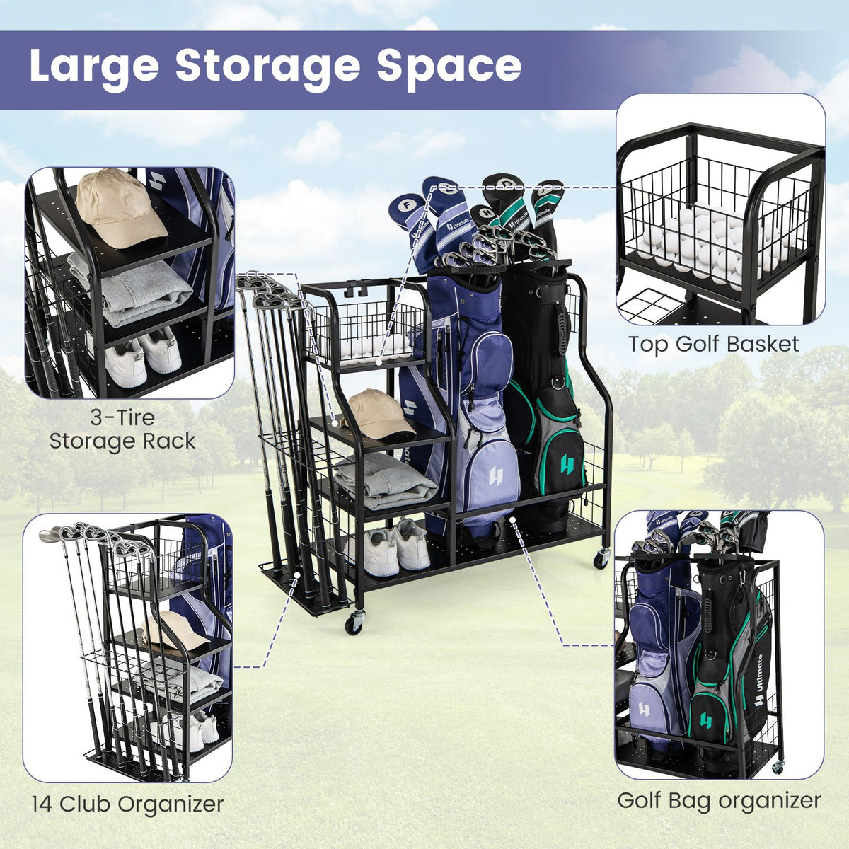 Golf Bag Storage Garage Organizer with Extra Storage Rack for Golf Club