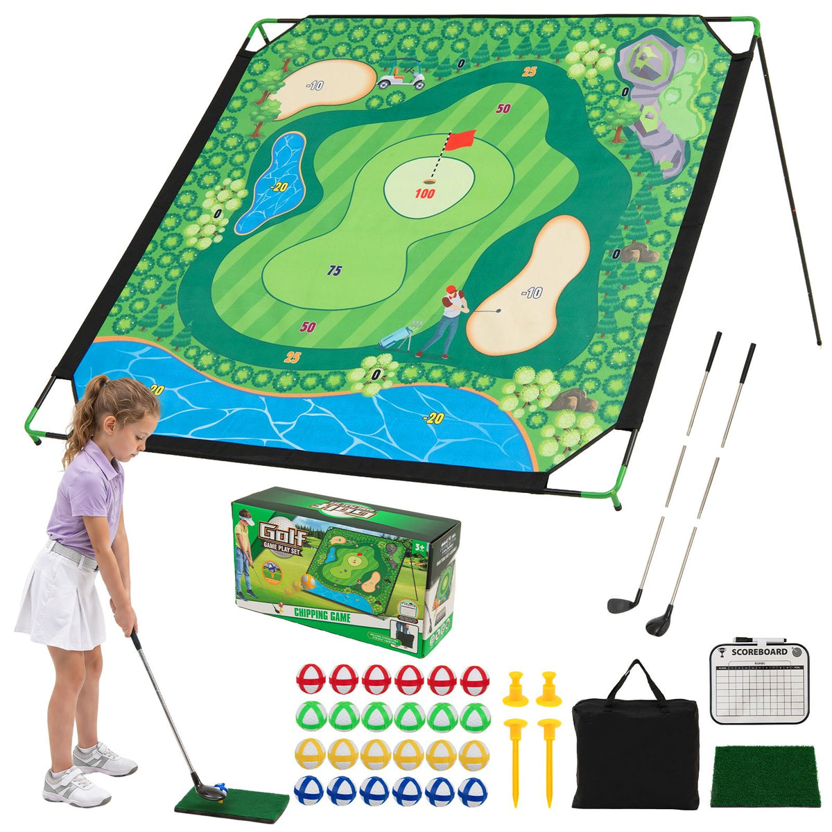 Golf Chipping Game Set with Large Mat 2 Clubs and 24 Sticky Balls