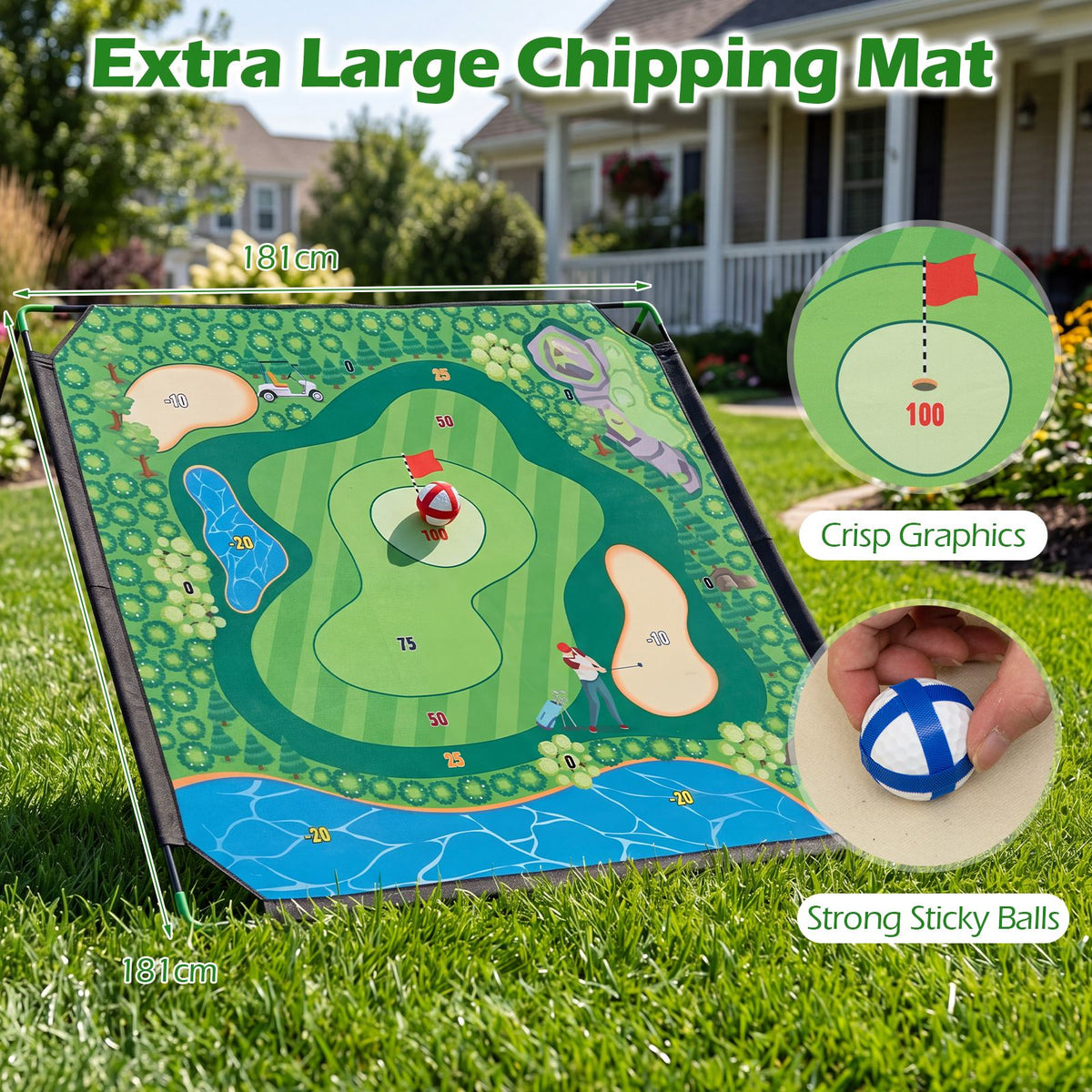 Golf Chipping Game Set with Large Mat 2 Clubs and 24 Sticky Balls