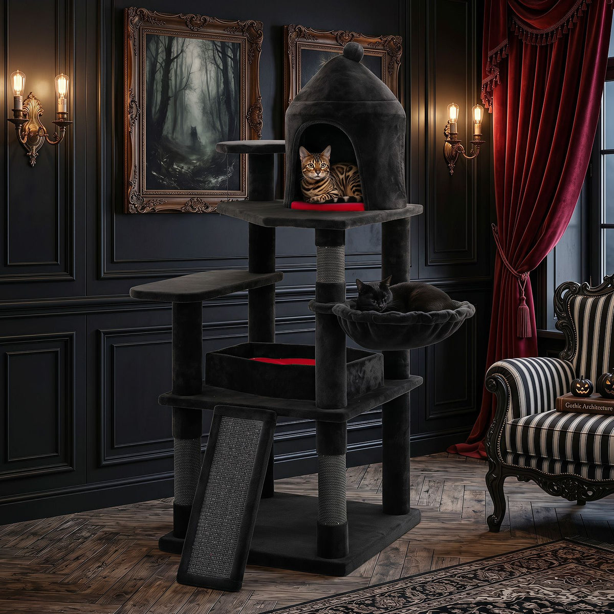 Gothic Cat Tree 127cm with House Coffin Bed and Scratching Posts