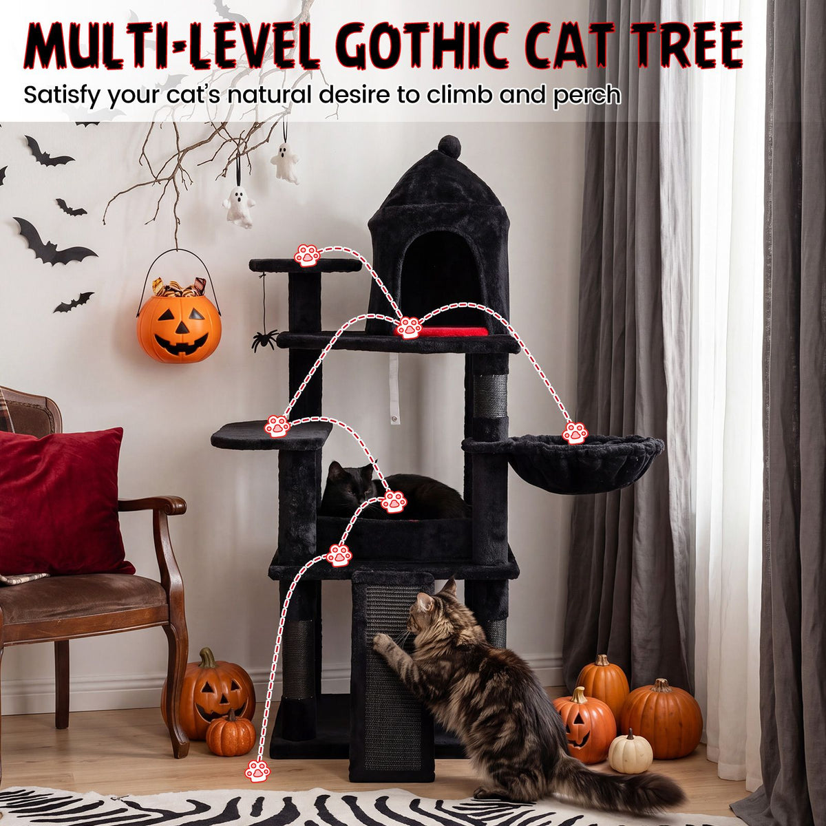 Gothic Cat Tree 127cm with House Coffin Bed and Scratching Posts