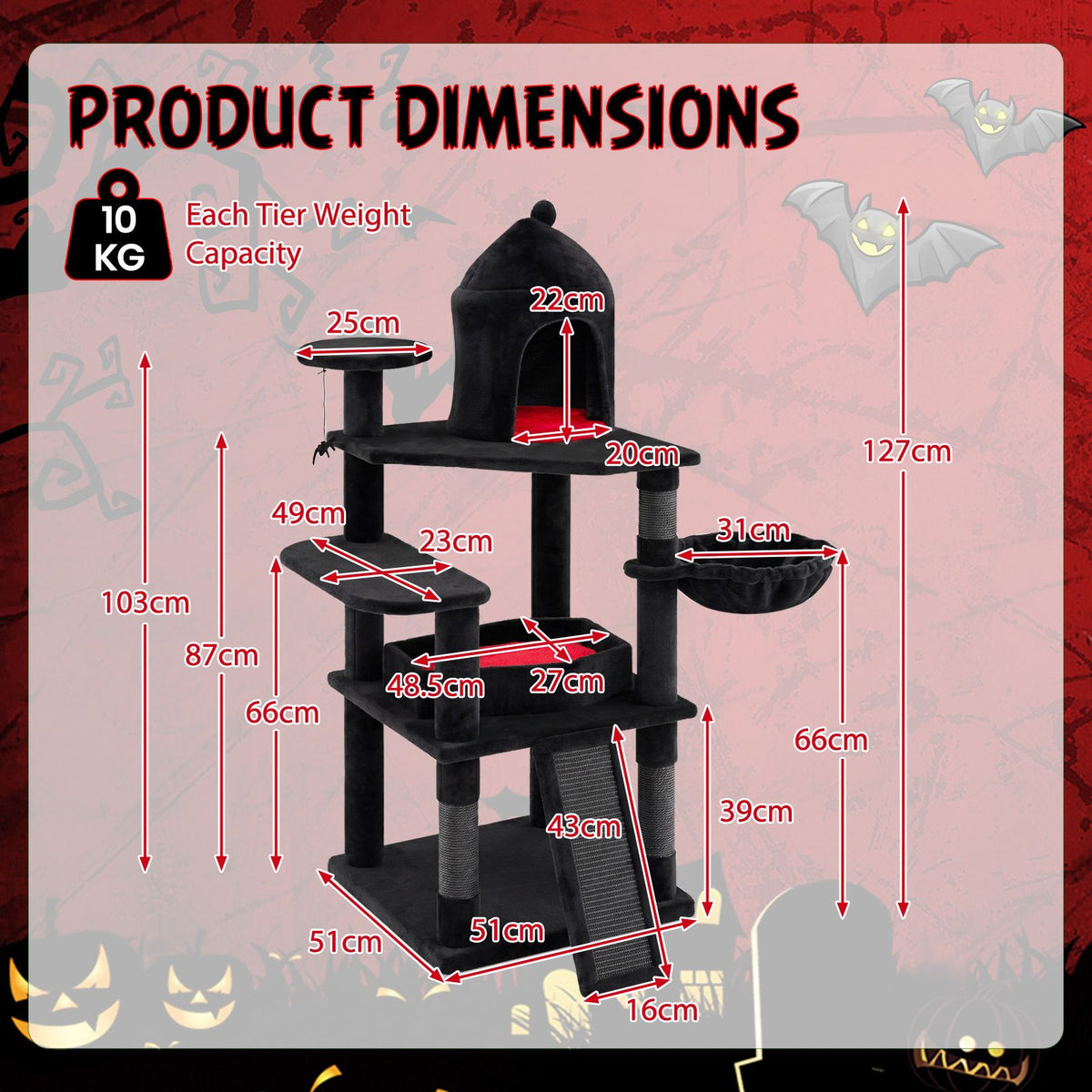 Gothic Cat Tree 127cm with House Coffin Bed and Scratching Posts