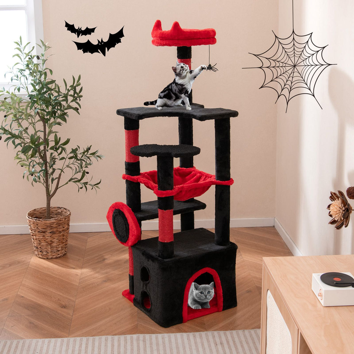Gothic Cat Tree with Plush Perch Spider Dangling Toy and Scratching Board for Indoor Cats