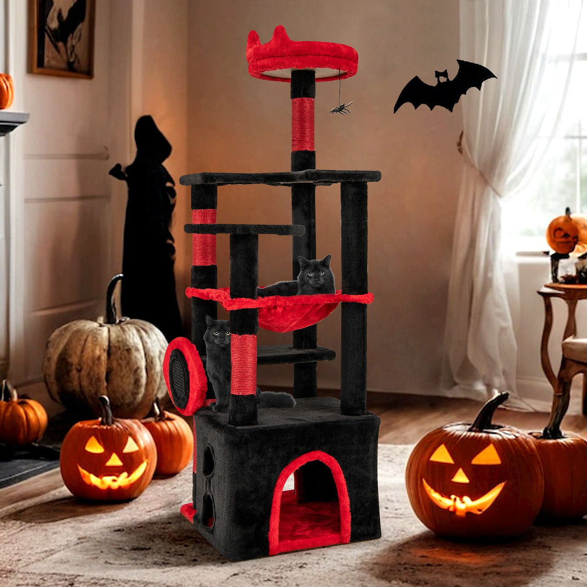 Gothic Cat Tree with Plush Perch Spider Dangling Toy and Scratching Board for Indoor Cats