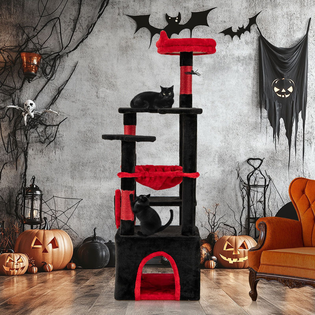 Gothic Cat Tree with Plush Perch Spider Dangling Toy and Scratching Board for Indoor Cats