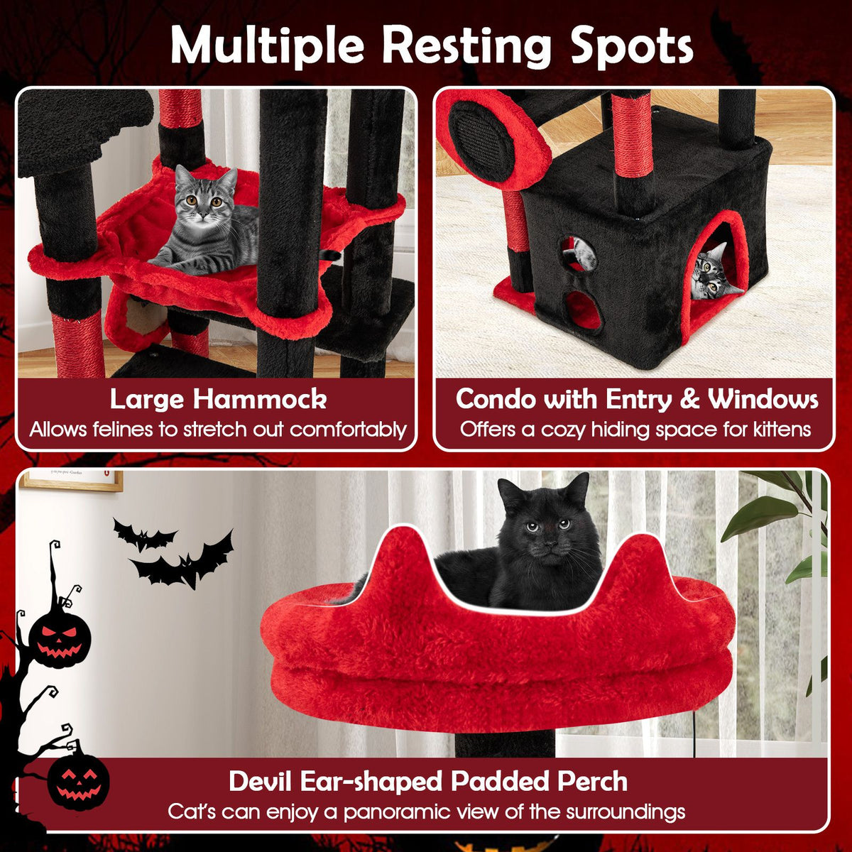 Gothic Cat Tree with Plush Perch Spider Dangling Toy and Scratching Board for Indoor Cats