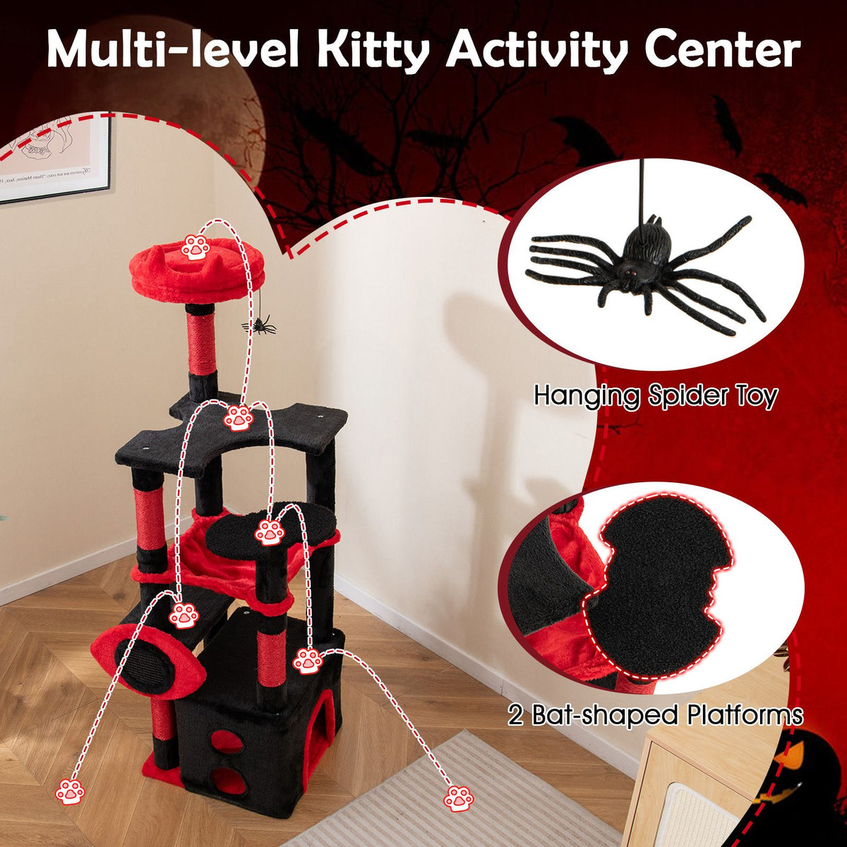 Gothic Cat Tree with Plush Perch Spider Dangling Toy and Scratching Board for Indoor Cats