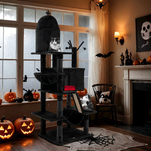 Gothic Cat Tree with 2 Condos Scratching Posts and Hammock for Cats
