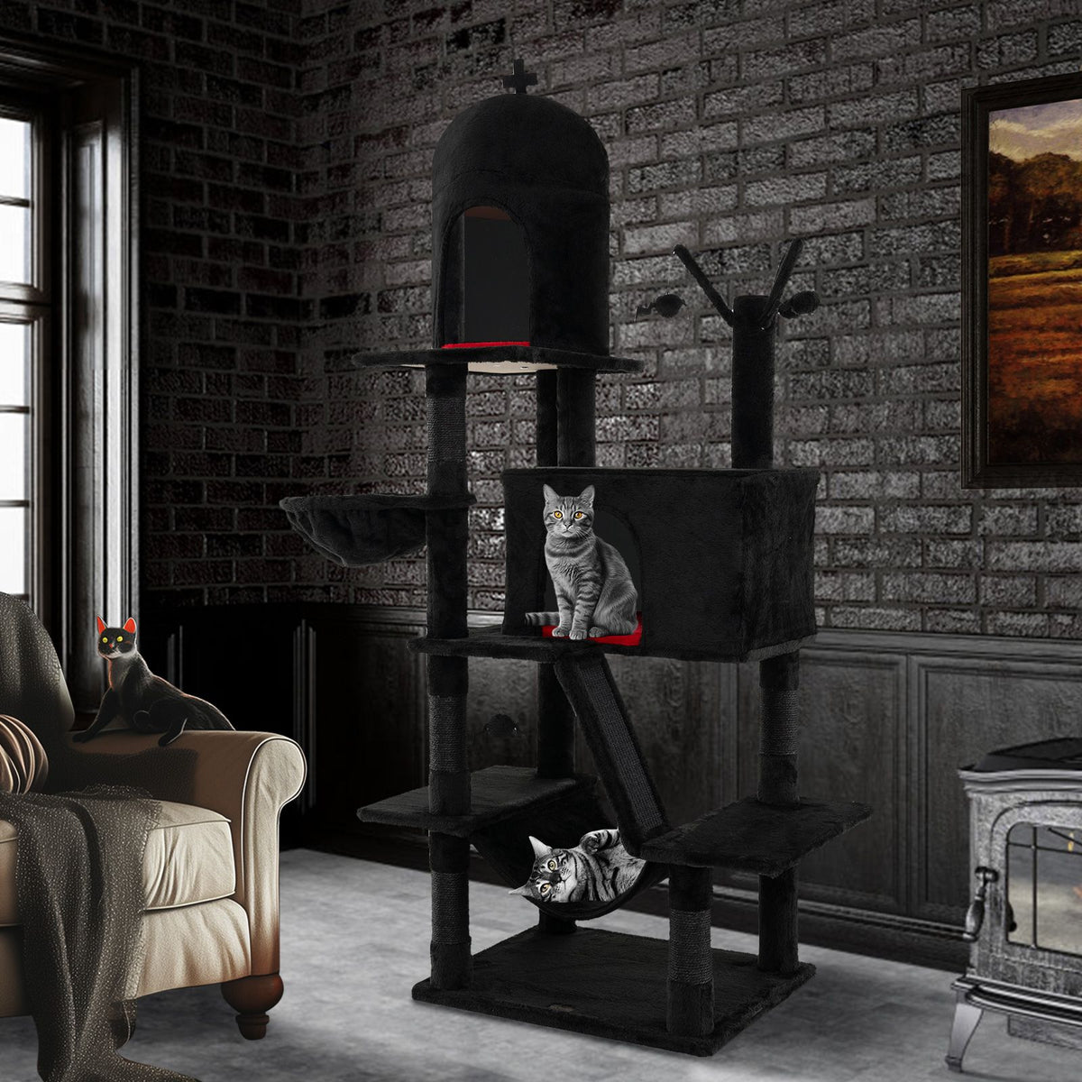 Gothic Cat Tree with 2 Condos Scratching Posts and Hammock for Cats