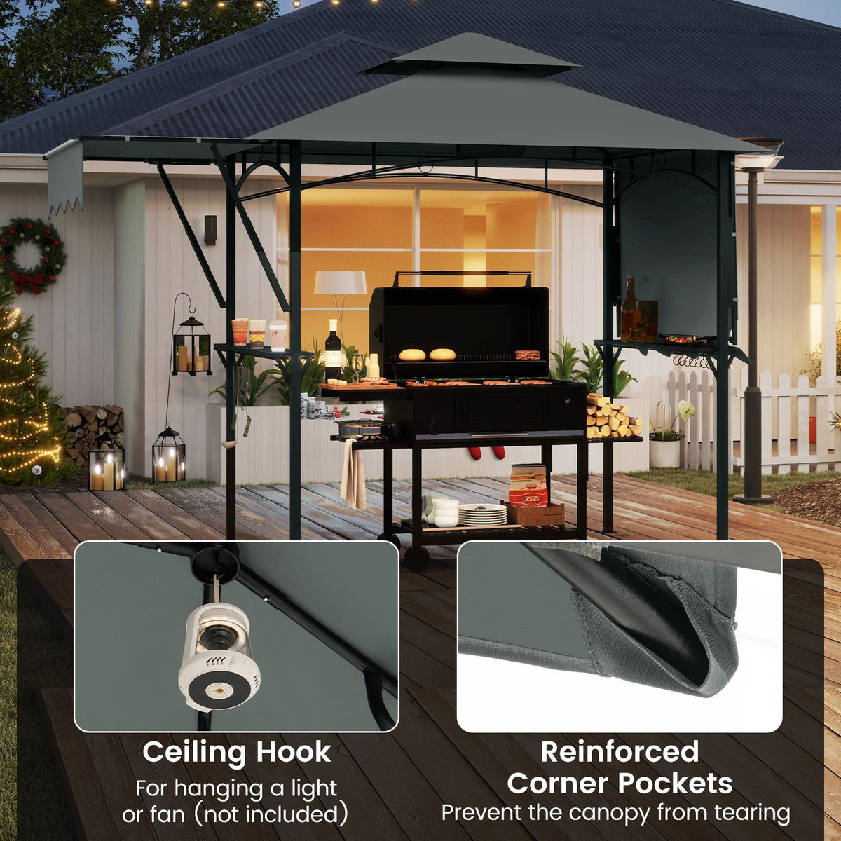 398 x 153 CM Grill Gazebo with Dual Side Awnings and Adjustable Shadow