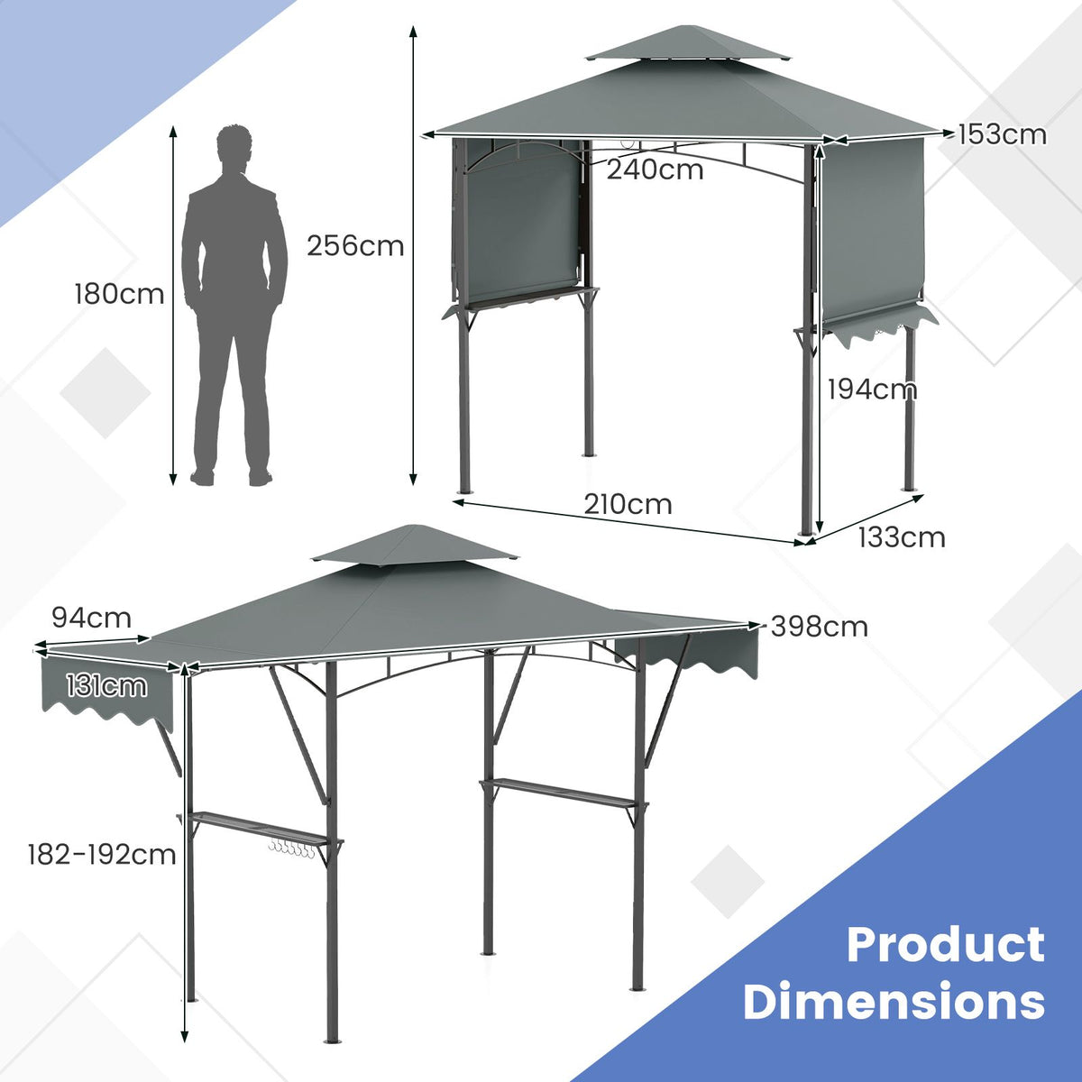 398 x 153 CM Grill Gazebo with Dual Side Awnings and Adjustable Shadow