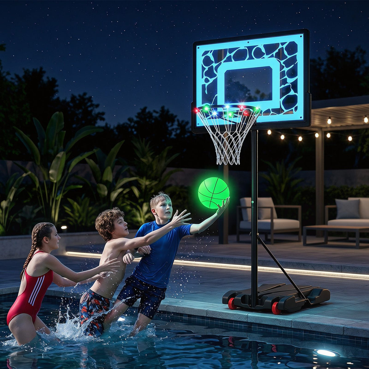 Portable Pool Basketball Goal with Fillable Base Wheels and Ball for Driveway