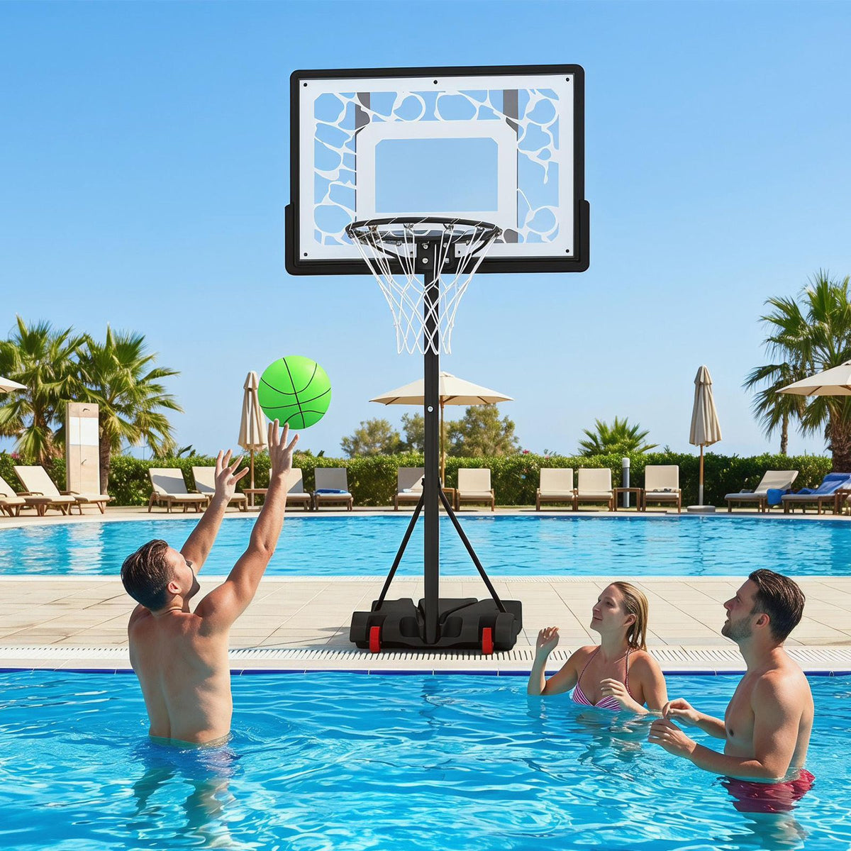 Portable Pool Basketball Goal with Fillable Base Wheels and Ball for Driveway