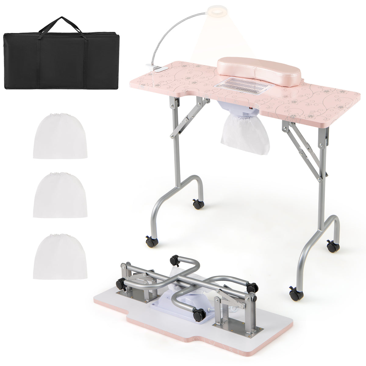Folding Manicure Nail Table with Electric Dust Collector, Portable Nail Tech Desk with LED Lamp