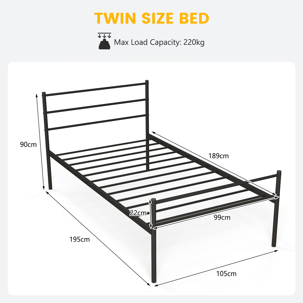 Single Metal Bed, Platform Bed Frame with Metal Slats, Headboard & Footboard