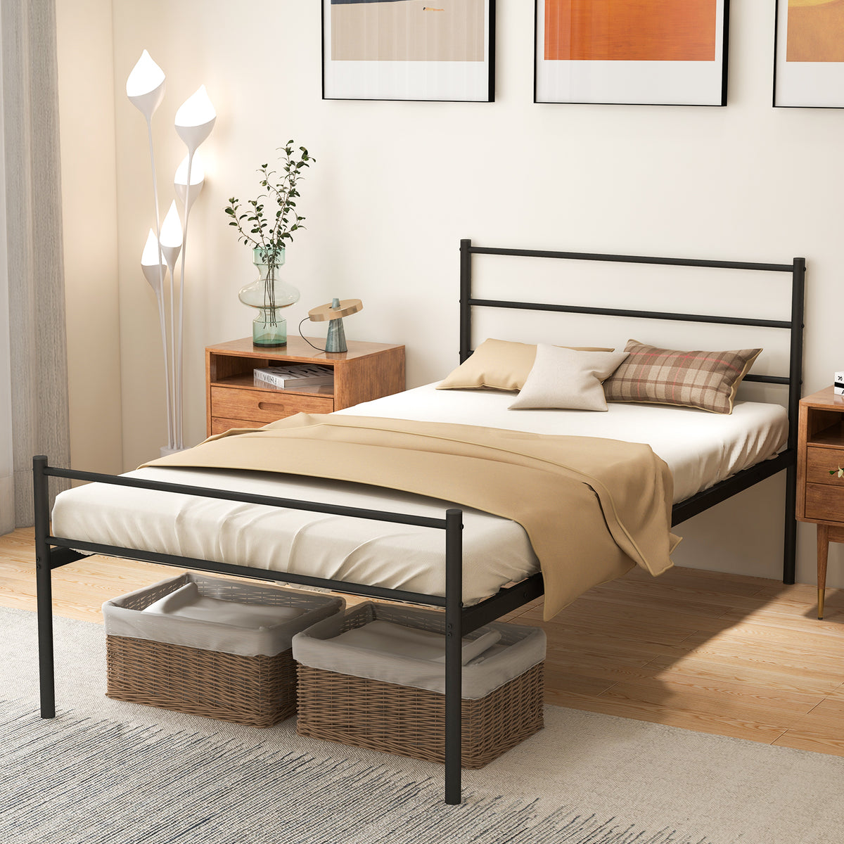 Single Metal Bed, Platform Bed Frame with Metal Slats, Headboard & Footboard