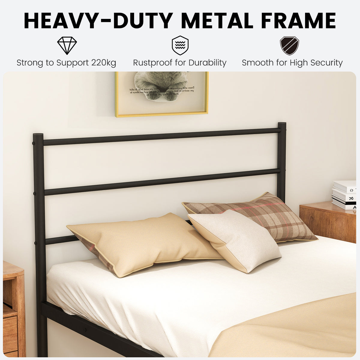 Single Metal Bed, Platform Bed Frame with Metal Slats, Headboard & Footboard