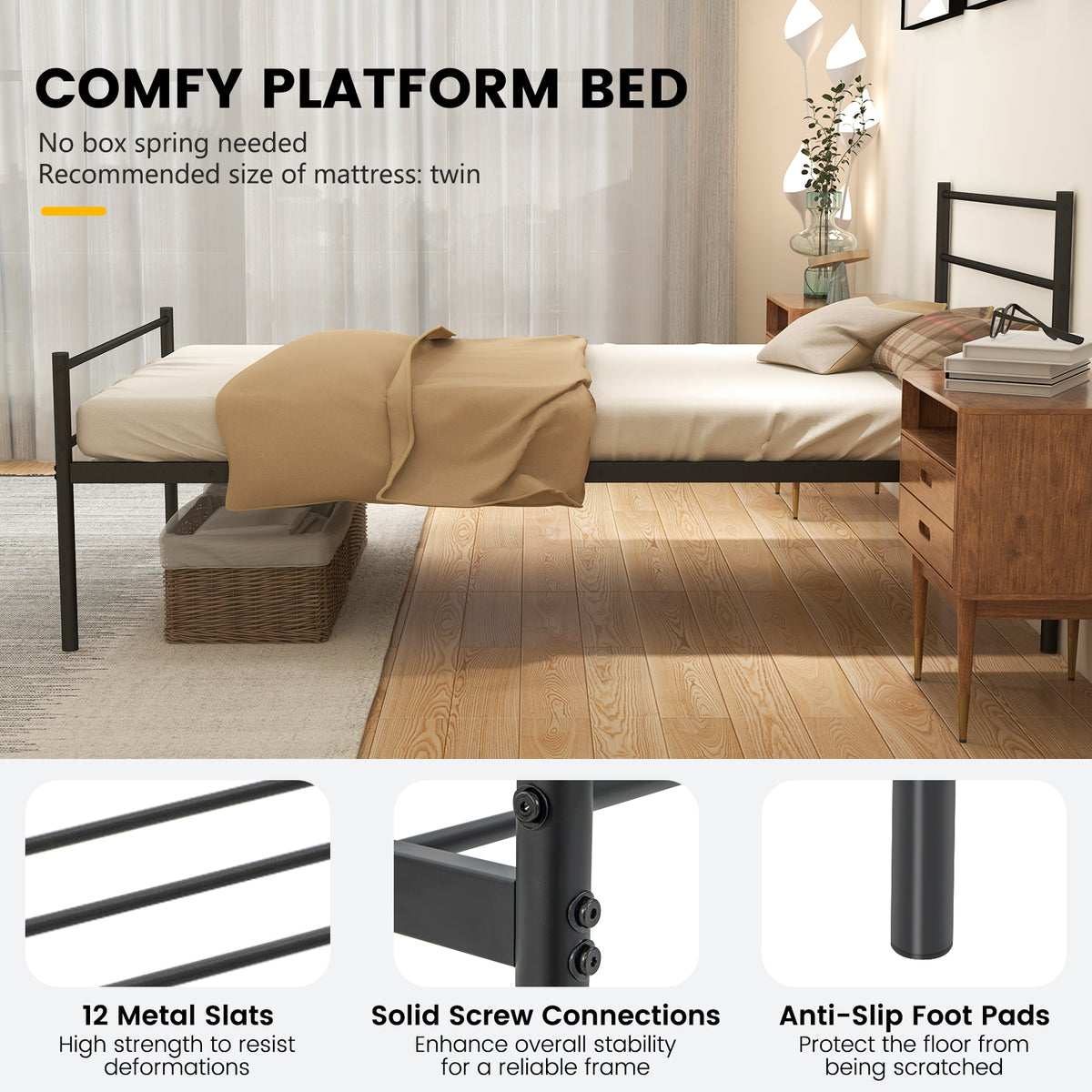 Single Metal Bed, Platform Bed Frame with Metal Slats, Headboard & Footboard