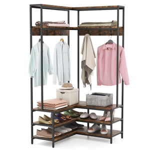 L-shaped Corner Garment Rack Clothes Rack Storage Organizer with Shoe Bench