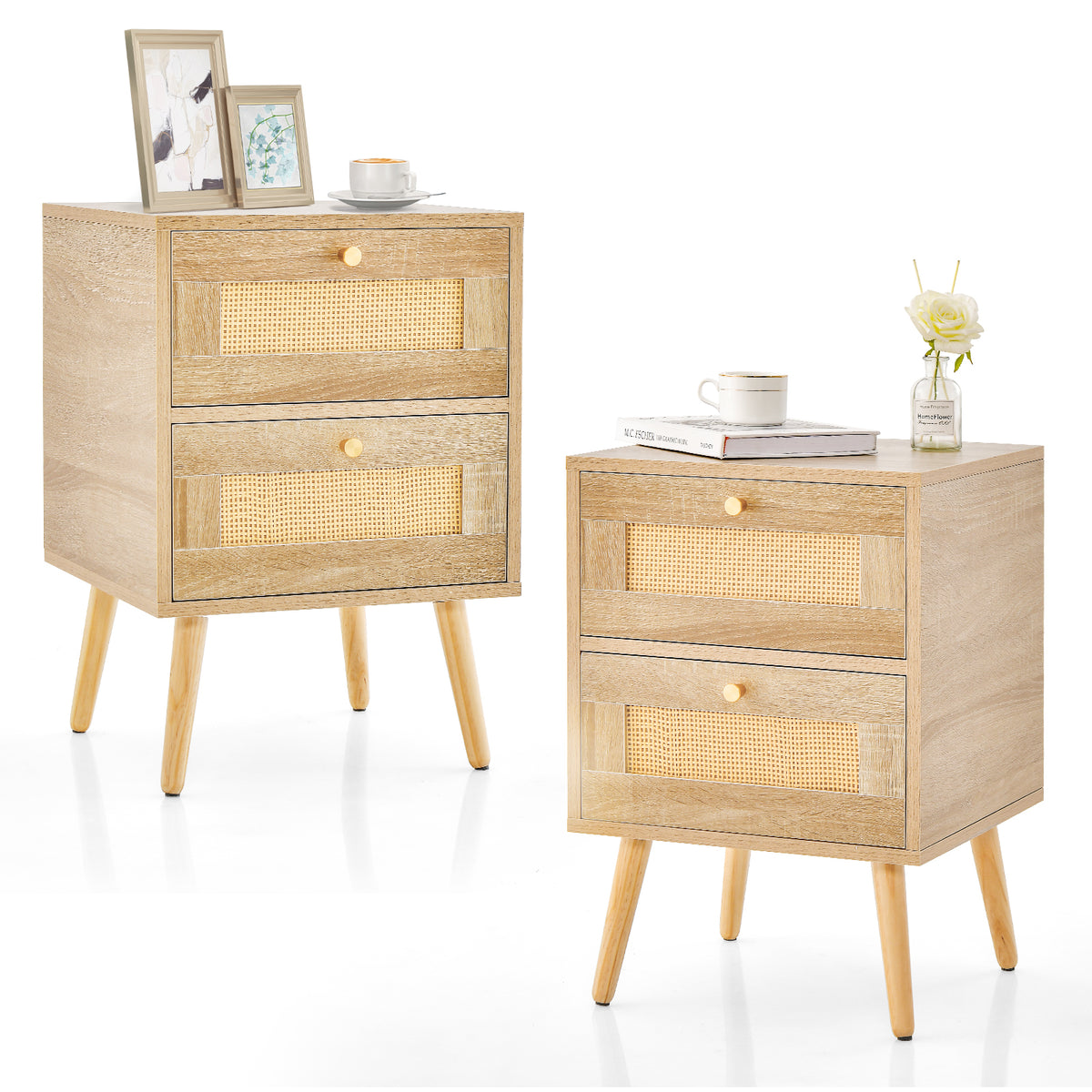 Boho Rattan Nightstand Bedside Table Modern End Table Storage Drawers Bedroom