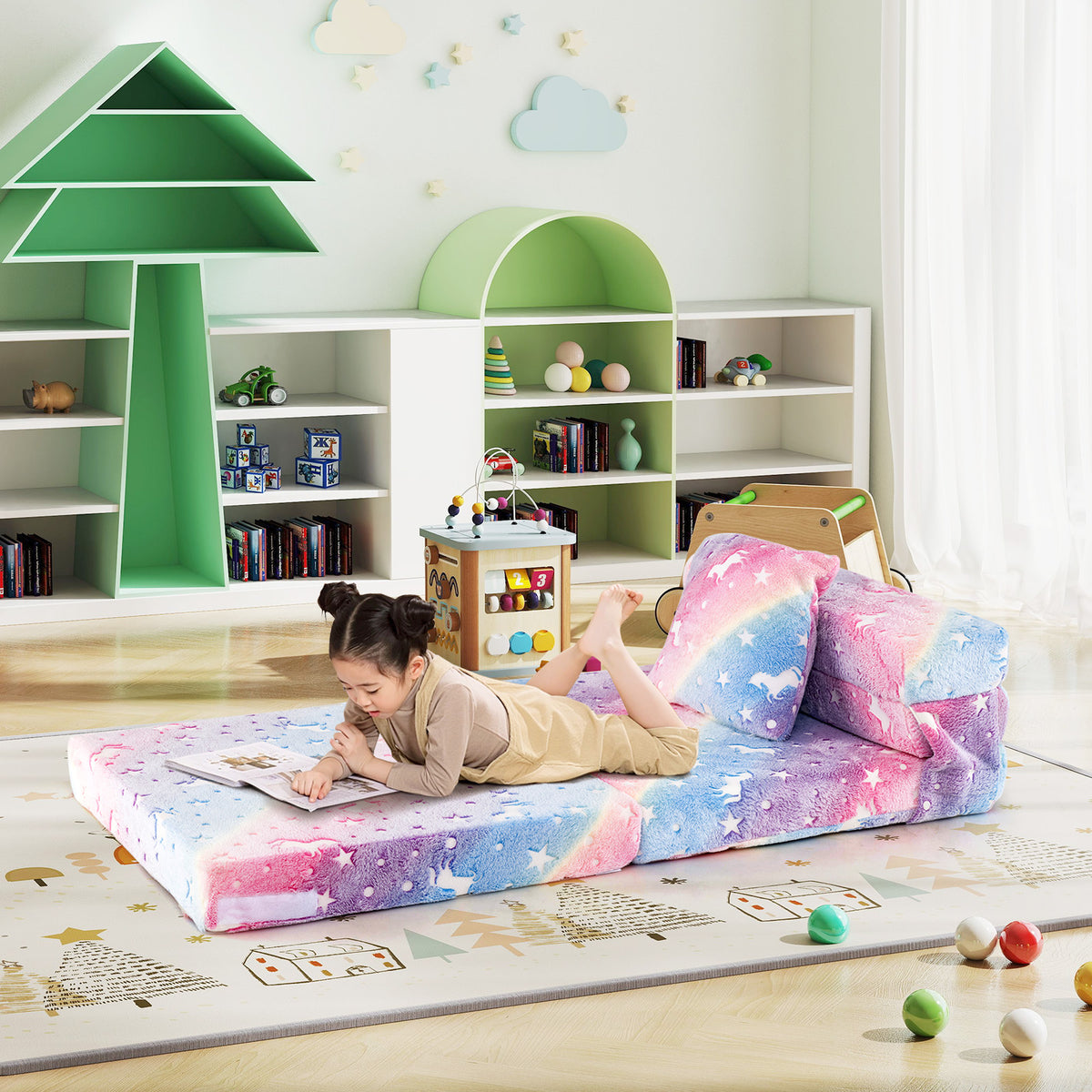 Toddler Fold Out Couch Bed with Throw Pillow & Machine Washable Cover