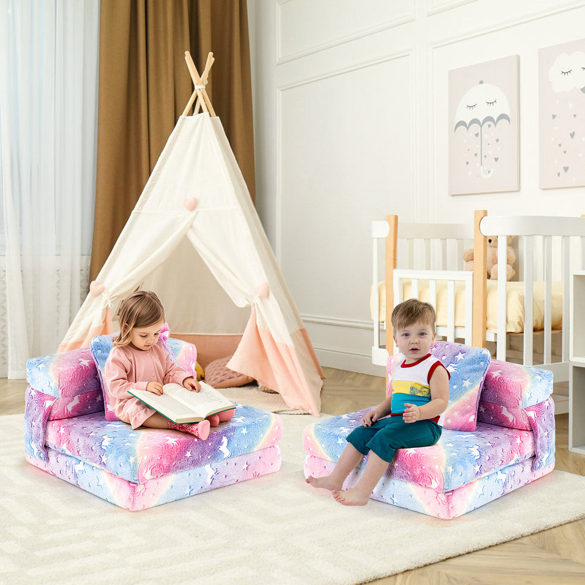 Toddler Fold Out Couch Bed with Throw Pillow & Machine Washable Cover