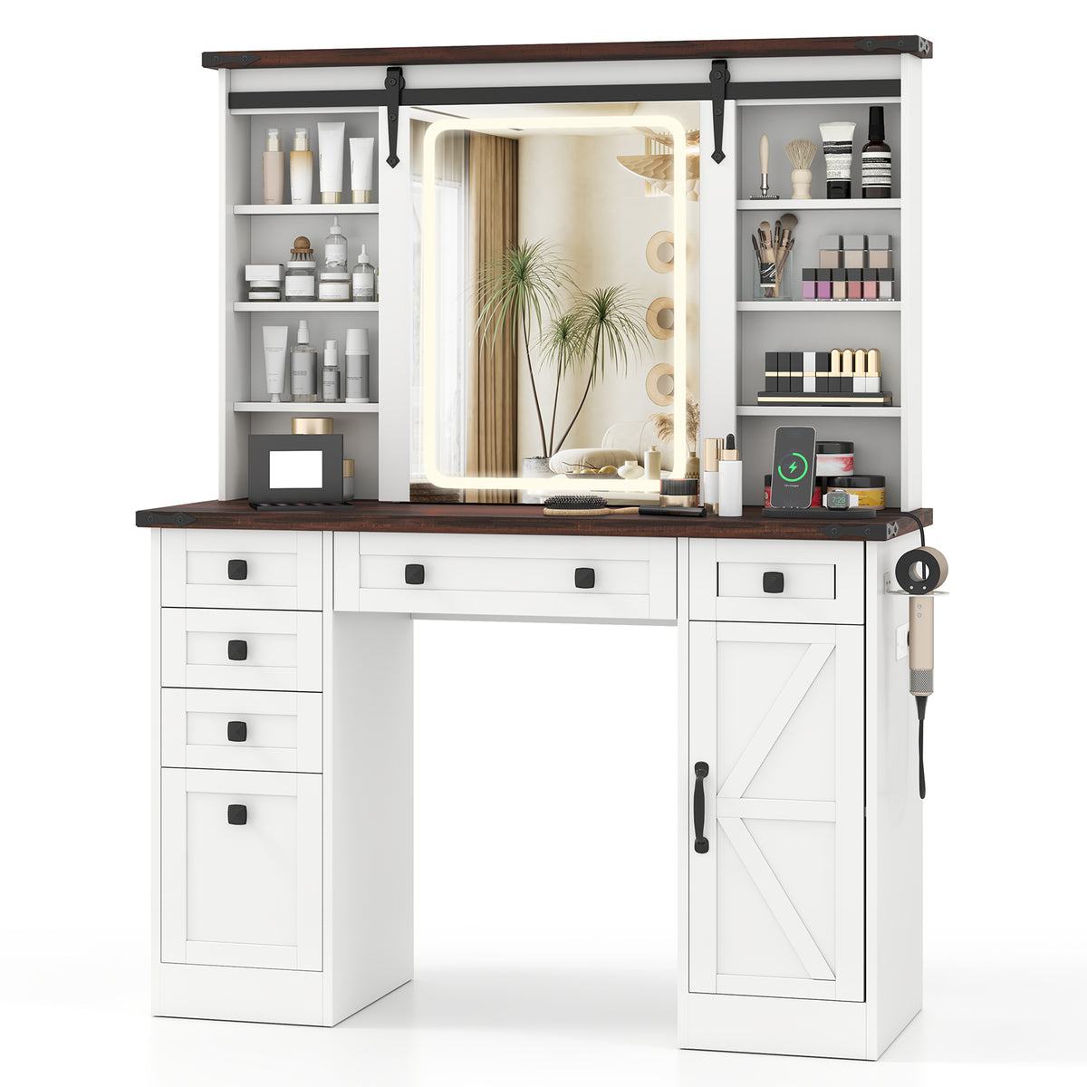 Giantex Farmhouse Vanity Desk with Barn-Style Sliding Mirror, Makeup Vanity Table w/ 3 Lighting Modes & Adjustable Brightness