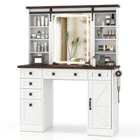 Giantex Farmhouse Vanity Desk with Barn-Style Sliding Mirror, Makeup Vanity Table w/ 3 Lighting Modes & Adjustable Brightness